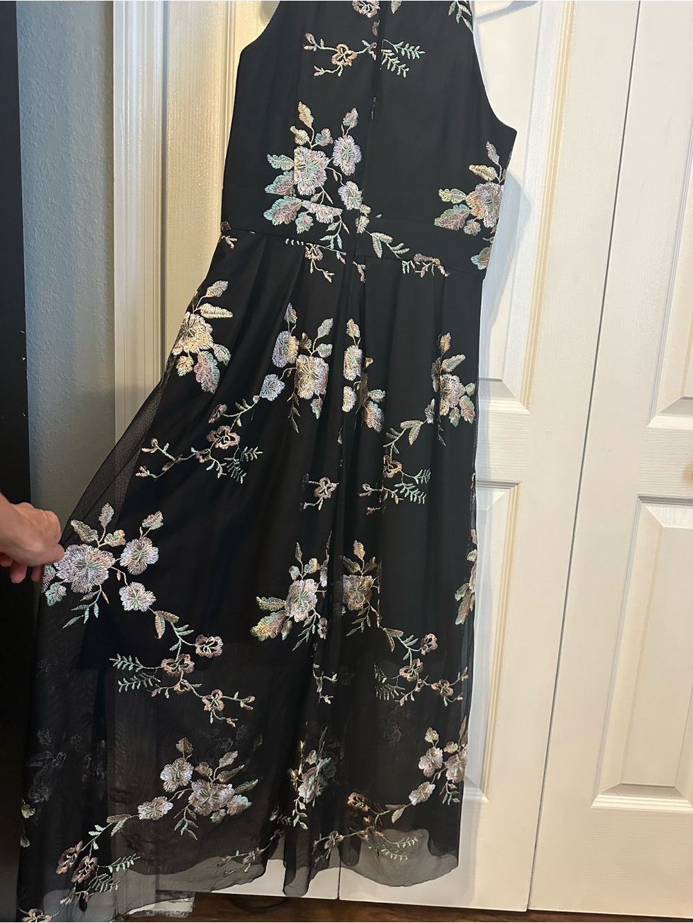 Vince Camuto Black Embroidered Dress with Pastel Floral Embroidery and Sheer Hem